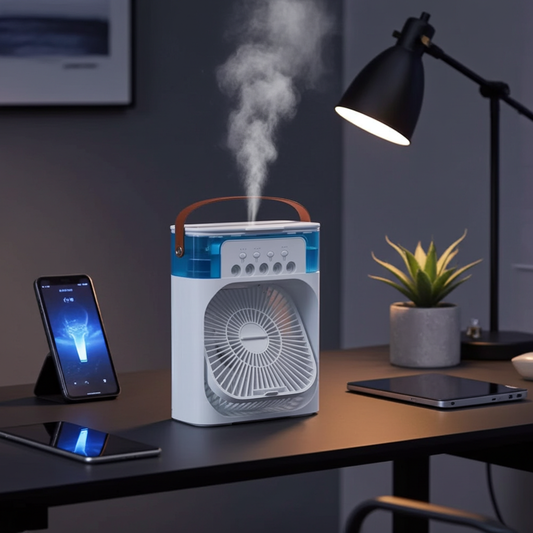 Mini Climatiseur Portable 3-en-1 – Ventilateur, Brumisateur & Veilleuse LED